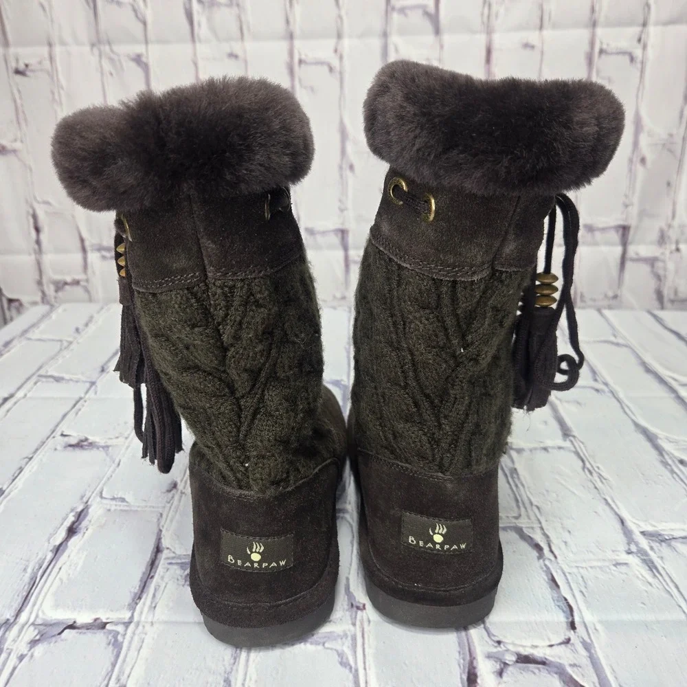 Bearpaw Womens Brown Suede‎ Cable Knit Tassel Faux Fur Winter Boots Size 7 Comfy